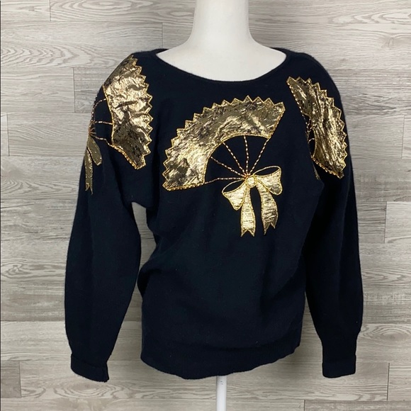 Leau Vive Angora Wool Vintage Gold Black Sweater - Picture 1 of 7